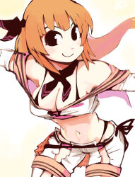 Rule 34 | 1girl, baek changpo, bra strap, breasts, brown hair, cleavage, cowboy shot, crop top, hair ribbon, leaning forward, long hair, looking at viewer, midriff, outstretched arms, ribbon, scarf, senkou no ronde, sketch, smile, solo, spread arms, woofycakes