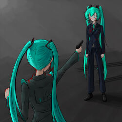 Rule 34 | 2girls, absurdres, aqua eyes, aqua hair, blood, blood on clothes, blood on face, blood on hands, business suit, formal, gun, hatsune miku, highres, holding, holding gun, holding weapon, long hair, multiple girls, nyanskii, shoes, suit, twintails, very long hair, vocaloid, weapon