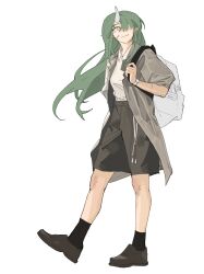 Rule 34 | 1girl, absurdres, arknights, backpack, bag, black skirt, black socks, bright pupils, brown footwear, chinese commentary, coat, commentary request, green hair, grey coat, hair over one eye, highres, horns, hoshiguma (arknights), loafers, long hair, pointy ears, scar, scar on face, shirt, shirt tucked in, shoes, simple background, single horn, skirt, socks, solo, watch, white background, white pupils, white shirt, wristwatch, yanlingjinshilihuahua, yellow eyes
