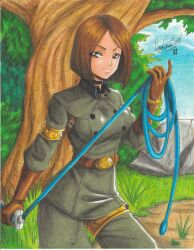 Rule 34 | 1girl, 2021, absurdres, artist name, belt, black choker, brown eyes, brown gloves, brown hair, choker, closed mouth, cowboy shot, day, female focus, forest, gloves, grey jacket, grey pants, highres, holding, holding whip, jacket, long sleeves, military uniform, nature, outdoors, pants, ravernclouk design, rock, short hair, smile, snk, solo, standing, the king of fighters, traditional media, tree, uniform, whip, whip (kof)
