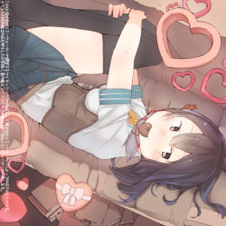 Rule 34 | 1girl, bad id, bad tumblr id, black hair, black thighhighs, blue skirt, blush, book, bow, breasts, candy, chocolate, chocolate heart, eyebrows, fetal position, food, from above, from side, fuu fuu, hair ornament, heart, hugging own legs, looking to the side, lying, mouth hold, no shoes, on side, pink eyes, short sleeves, skirt, small breasts, solo, thighhighs, white bow, zettai ryouiki