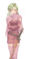 Rule 34 | 1990s (style), 1girl, cold, crossed arms, female focus, final fantasy, final fantasy vi, green eyes, green hair, lowres, matching hair/eyes, retro artstyle, scarf, sheath, sheathed, simple background, snow, solo, sword, thighhighs, tina branford, weapon, white background