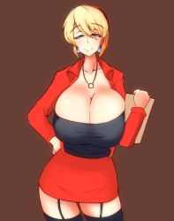 Rule 34 | 1girl, aen030, alice margatroid, blonde hair, blue eyes, breasts, brown background, cleavage, commentary request, contrapposto, cowboy shot, earrings, eyes visible through hair, facing viewer, formal, garter straps, hairband, hand on own hip, highres, huge breasts, jacket, jewelry, looking at viewer, microskirt, pencil skirt, pendant, red hairband, red jacket, red skirt, short hair, simple background, skindentation, skirt, skirt suit, smile, solo, standing, suit, thighhighs, touhou, zettai ryouiki