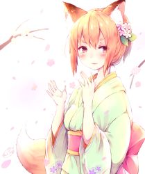 Rule 34 | 1girl, :3, animal ear fluff, animal ears, blonde hair, blush, brown eyes, chita (ketchup), flower, fox ears, fox girl, fox tail, green kimono, hair between eyes, hair flower, hair ornament, hands up, japanese clothes, kimono, light smile, looking at viewer, original, outdoors, parted lips, pink flower, sidelocks, signature, solo, tail, thick eyebrows, twitter username, upper body