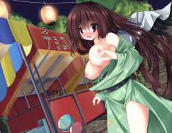 Rule 34 | 1girl, blush, bouncing breasts, bow, breasts, brown hair, embarrassed, festival, hair bow, highres, japanese clothes, kimono, large breasts, long hair, nipples, open mouth, red eyes, reiuji utsuho, smile, solo, toine hoko, touhou, wardrobe malfunction, water balloon, wings