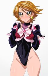 Rule 34 | 1girl, absurdres, adapted costume, black gloves, black leotard, bow, bowtie, brown eyes, brown hair, contrapposto, cure black, earrings, fingerless gloves, futari wa precure, gloves, highleg, highleg leotard, highres, jewelry, leotard, looking at viewer, misumi nagisa, oimanji, pink bow, pink bowtie, precure, simple background, solo, standing, swept bangs, turtleneck, white background
