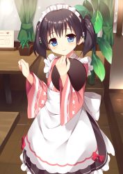Rule 34 | 1girl, apron, bad id, bad pixiv id, black skirt, blue eyes, bow, commentary request, cowboy shot, dango hair ornament, fingernails, food-themed hair ornament, frilled apron, frilled skirt, frills, hair ornament, head tilt, holding, holding tray, indoors, japanese clothes, kimono, long sleeves, looking at viewer, maid, maid headdress, original, pink kimono, plant, potted plant, print kimono, red bow, restaurant, sash, short twintails, skirt, smile, solo, standing, table, tareme, tray, twintails, usagino suzu, wa maid, waist apron, white apron, wide sleeves