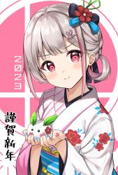Rule 34 | 1girl, 2023, blue nails, blush, closed mouth, commentary request, furisode, grey hair, hair ornament, hairclip, hands up, highres, holding, japanese clothes, keiran (ryo170), kimono, long sleeves, looking at viewer, multicolored hair, multicolored nails, nail polish, nengajou, new year, obi, original, pink hair, pink nails, rabbit hair ornament, red eyes, sash, smile, snow rabbit, solo, streaked hair, upper body, white kimono, wide sleeves