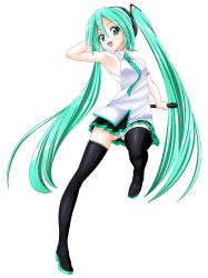 Rule 34 | 1girl, armpits, bad id, bad pixiv id, black skirt, boots, female focus, full body, green eyes, green hair, hatsune miku, headphones, highres, lat model (mikumikudance), long hair, matching hair/eyes, microphone, miniskirt, necktie, open mouth, panties, pantyshot, pleated skirt, simple background, skirt, solo, striped clothes, striped panties, takano kazumi, thigh boots, thighhighs, twintails, underwear, upskirt, very long hair, vocaloid, white background