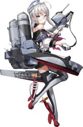 Rule 34 | 1girl, ahoge, black thighhighs, blue eyes, blush, closed mouth, full body, glasses, gloves, grey hair, hat, heywood l. edwards (kancolle), kantai collection, long hair, long sleeves, machinery, off-shoulder shirt, off shoulder, official art, rigging, rudder footwear, school uniform, shirt, single glove, smokestack, solo, thighhighs, transparent background, turret, white gloves, white hat, white shirt, zeco