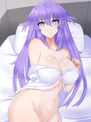 Rule 34 | 1girl, bare shoulders, blue eyes, blush, bottomless, braid, breasts, collarbone, highres, large breasts, light smile, long hair, looking at viewer, navel, neptune (series), on bed, paid reward available, pillow, power symbol, power symbol-shaped pupils, purple hair, purple heart (neptunia), solo, symbol-shaped pupils, twin braids, zatsu