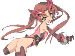 Rule 34 | 10s, 1girl, ass, bad id, bad pixiv id, blade (galaxist), blush, brown hair, claws, elbow gloves, fang, flat ass, gloves, green eyes, hair ribbon, huang lingyin, infinite stratos, leotard, long hair, looking at viewer, pilot suit, ribbon, simple background, solo, thighhighs, twintails, white background