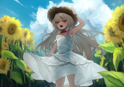 Rule 34 | 1girl, absurdres, arm up, armpits, bare shoulders, blush, cloud, collar, commentary request, cowboy shot, day, dress, fangs, floating hair, flower, grey hair, hat, highres, long hair, looking at viewer, makaino ririmu, multicolored hair, nijisanji, open mouth, outdoors, pink eyes, pink hair, pointy ears, red collar, sky, smile, solo, strap slip, straw hat, streaked hair, sundress, sunflower, tuki neko9, two-tone hair, virtual youtuber, white dress