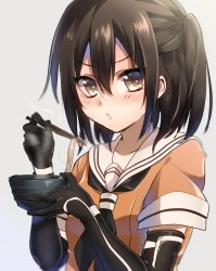 Rule 34 | 10s, 1girl, black gloves, black neckerchief, blush, bowl, brown eyes, brown hair, chopsticks, collarbone, eating, elbow gloves, food, gloves, grey background, hair between eyes, hair ornament, holding, holding bowl, holding chopsticks, kantai collection, keita (tundereyuina), looking at viewer, neckerchief, noodles, o3o, sendai (kancolle), short hair, short sleeves, simple background, soba, solo, two side up, upper body