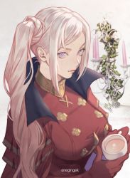 Rule 34 | 1girl, alternate hairstyle, artist name, bad id, bad twitter id, breasts, candle, cape, commentary, cup, dress, edelgard von hresvelg, english commentary, fire emblem, fire emblem: three houses, gloves, holding, holding cup, large breasts, lips, long hair, looking at viewer, nintendo, onegingek, ponytail, purple eyes, red cape, red dress, red gloves, side ponytail, solo, teacup, white hair