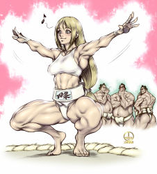 Rule 34 | 00s, 1girl, 2009, 3boys, :3, abs, armpits, bandages, barefoot, blonde hair, blue eyes, blush, breasts, capcom, cropped legs, crossover, dairoku tenma, edmond honda, fat, full body, ganryu (tekken), green eyes, hand on own chin, hand wraps, happy, humming, japanese clothes, jewelry, linea alba, long hair, looking at another, looking away, looking back, low-tied long hair, mawashi, medium breasts, midriff, motion lines, multiple boys, multiple crossover, muscular, muscular female, musical note, namco, nose, outstretched arms, ring, sega, shijou hinako, snk, solo focus, sports bra, squatting, street fighter, stroking own chin, sumo girl, taka-arashi, tekken, the king of fighters, thick thighs, thighs, toes, virtua fighter, whistling, wrestling, wrestling ring