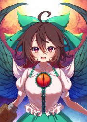 Rule 34 | 1girl, absurdres, bird wings, black wings, blouse, breasts, brown hair, buttons, center frills, collared shirt, control rod, e sdss, frilled shirt collar, frills, green skirt, highres, large breasts, long hair, puffy short sleeves, puffy sleeves, red eyes, reiuji utsuho, shirt, short sleeves, skirt, solo, third eye, touhou, white shirt, wings