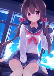 Rule 34 | 1girl, between legs, blue sky, bow, check commentary, chikuwa., classroom, cloud, commentary request, day, desk, hair bow, hair ribbon, highres, holding, holding own hair, indoors, long hair, long sleeves, looking at viewer, neckerchief, original, purple eyes, purple hair, ribbon, school, school desk, school uniform, serafuku, sitting, sky, solo, twintails, window