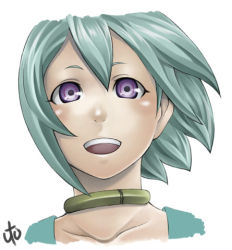 Rule 34 | 00s, 1girl, :d, aqua hair, blush, close-up, collar, collarbone, eureka (eureka seven), eureka seven, eureka seven (series), floating hair, looking at viewer, lowres, open mouth, purple eyes, short hair, signature, smile, solo, tareme, teeth