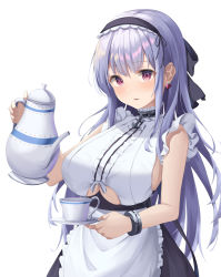 Rule 34 | 1girl, absurdres, anchor choker, apron, azur lane, bare shoulders, black hairband, black ribbon, black skirt, blush, bracer, breasts, center frills, choker, clothing cutout, commentary, cowboy shot, cup, dido (azur lane), earrings, frilled choker, frills, hair between eyes, hair ribbon, hairband, hayaku koko, heart, heart earrings, highres, holding, holding plate, holding teapot, jewelry, lace-trimmed hairband, lace trim, large breasts, long hair, looking at viewer, maid, parted lips, plate, purple eyes, ribbon, shirt, sidelocks, silver hair, simple background, skirt, sleeveless, sleeveless shirt, solo, standing, teacup, teapot, underboob, underboob cutout, waist apron, white apron, white background