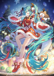 Rule 34 | 1girl, antlers, aqua eyes, aqua hair, bare shoulders, bell, black bow, blurry, blurry background, boots, bow, breasts, brown hood, cat princess, chinese commentary, christmas, christmas tree, commentary request, detached sleeves, dress, fang, full body, fur-trimmed boots, fur-trimmed dress, fur-trimmed sleeves, fur trim, hair between eyes, hair ribbon, hatsune miku, highres, holding, holding microphone, hood, hood up, horns, long hair, long sleeves, looking at viewer, medium breasts, microphone, open mouth, pom pom (clothes), red dress, red footwear, red ribbon, reindeer antlers, ribbon, short dress, smile, snowman, solo, striped, striped bow, twintails, very long hair, vocaloid, white fur