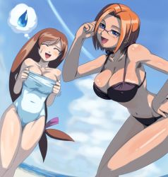 Rule 34 | 2girls, artist request, beach, bikini, blue eyes, breasts, brown hair, character request, glasses, large breasts, multiple girls, orange hair, smile, source request, swimsuit