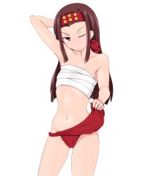 Rule 34 | 1girl, arm behind head, arm up, brown eyes, brown hair, chest sarashi, closed mouth, cowboy shot, fundoshi, fundoshi lift, girls und panzer, headband, japanese clothes, light frown, long hair, looking at viewer, navel, one eye closed, red fundoshi, red headband, saemonza (girls und panzer), sarashi, simple background, solo, standing, stomach, tanaka rikimaru, white background