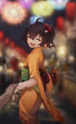 Rule 34 | 1girl, absurdres, ahoge, blurry, blurry background, brown hair, cat hair ornament, closed eyes, festival, fireworks, floral print, flower, furisode, hair between eyes, hair flower, hair ornament, hand fan, highres, holding hands, hololive, icy02, japanese clothes, kimono, lantern, looking at viewer, medium hair, natsuiro matsuri, night, night sky, obi, open mouth, orange kimono, outdoors, paper fan, pov, sash, side ponytail, sky, smile, solo, solo focus, uchiwa, virtual youtuber, wide sleeves