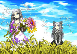 Rule 34 | 00s, 2girls, animal, bird, black bow, black dress, black gloves, blue eyes, blue sky, bow, capelet, closed mouth, cloud, collarbone, copyright name, day, dress, elbow gloves, fate/stay night, fate (series), field, flat chest, flower, flower field, gloves, grass, hair bow, holding, holding flower, len (tsukihime), long hair, long sleeves, looking afar, looking up, medea (fate), morisoban, multiple girls, no pupils, outdoors, parted bangs, pink dress, plant, pointy ears, ribbon, silver hair, single elbow glove, sky, smile, standing, tsukihime, very long hair, white ribbon