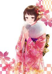 Rule 34 | 1girl, absurdres, blush, brown eyes, brown hair, floral print, flower, fur scarf, hair flower, hair ornament, hair up, highres, japanese clothes, kimono, new year, obi, original, own hands together, pink kimono, ponzunabe 001, sash, short hair, simple background, smile, standing, wide sleeves