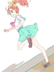 Rule 34 | 1girl, :d, akinbo (hyouka fuyou), aqua sailor collar, aqua skirt, bow, brown footwear, brown hair, dutch angle, floating hair, full body, green eyes, hair bow, loafers, long hair, looking at viewer, looking back, miniskirt, natsuumi manatsu, open mouth, pink neckwear, pleated skirt, precure, sailor collar, school uniform, serafuku, shirt, shoes, short sleeves, simple background, skirt, smile, solo, stairs, standing, standing on one leg, tropical-rouge! precure, white background, white legwear, white shirt, yellow bow