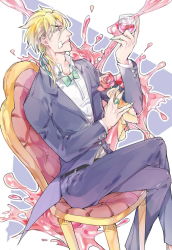 Rule 34 | 1boy, alcohol, blonde hair, bow, bowtie, chair, claws, cup, diego brando, drinking glass, flower, formal, jojo no kimyou na bouken, male focus, maosanmu, rose, solo, steel ball run, suit, traditional bowtie, wine, wine glass