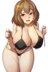 Rule 34 | 1girl, :d, ajidot, anis (nikke), bare shoulders, bikini, black bikini, breasts, brown hair, embarrassed, gluteal fold, goddess of victory: nikke, highres, huge breasts, leaning forward, light blush, looking at viewer, open mouth, short hair, simple background, skindentation, smile, solo, string bikini, swimsuit, thighs, white background, yellow eyes