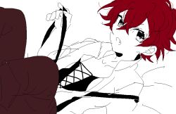 Rule 34 | 10s, 1boy, child, collarbone, diabolik lovers, fang, flat color, kiri (qoo), looking at viewer, male focus, open mouth, partially colored, red hair, sakamaki ayato, simple background, solo, suspenders, tsurime, vampire, white background, aged down