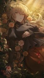 Rule 34 | 1girl, absurdres, black shirt, blonde hair, brown skirt, commentary, english commentary, flower, hand on own stomach, highres, juliet sleeves, leaf, long hair, long skirt, long sleeves, original, petals, peumya, puffy sleeves, rose, shirt, skirt, solo, yellow eyes, yellow flower, yellow rose