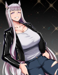 Rule 34 | 1girl, absurdres, animal ears, breasts, denim, ear ornament, gold ship (umamusume), grin, hands in pockets, highres, horse ears, horse girl, horse tail, jacket, jeans, jewelry, large breasts, long hair, looking at viewer, megao 3rd, necklace, pants, purple eyes, purple hair, smile, solo, tail, torn clothes, torn jeans, torn pants, umamusume