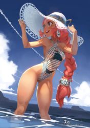 Rule 34 | 1girl, absurdres, anchor earrings, anchor symbol, blue eyes, blue sky, braid, braided ponytail, breasts, commentary, criss-cross halter, dappled sunlight, day, earrings, english commentary, hair ornament, halterneck, hat, hat tug, highleg, highleg swimsuit, highres, jewelry, long braid, long hair, looking afar, low-tied long hair, making-of available, ocean, one-piece swimsuit, original, paid reward available, pink hair, single braid, sky, small breasts, solo, standing, striped clothes, striped one-piece swimsuit, summer, sun hat, sunlight, swimsuit, thighs, wading, watermark, web address, xaxaxa