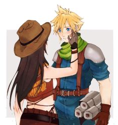 Rule 34 | 1boy, 1girl, armor, bandaid, bandaid on cheek, bandaid on face, bare shoulders, black hair, blonde hair, blue eyes, blush, bracelet, brown skirt, brown vest, cloud strife, cowboy hat, cowgirl (western), crisis core final fantasy vii, crop top, earrings, final fantasy, final fantasy vii, final fantasy vii remake, gloves, hand on another&#039;s face, hat, highres, jewelry, long hair, looking at another, mmariesr, scarf, shinra infantry, shinra infantry uniform, shoulder armor, simple background, skirt, smile, spiked hair, tifa lockhart, tifa lockhart (cowgirl), vest
