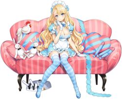 Rule 34 | 1girl, alternate costume, apron, arm up, azur lane, blonde hair, blue bow, blue bowtie, blue dress, blue eyes, blue footwear, blue thighhighs, blush, bow, bowtie, breasts, cleavage, cleavage cutout, clothing cutout, collar, couch, detached collar, dress, emile bertin (azur lane), emile bertin (maid fantastique) (azur lane), enmaided, frills, gloves, hair bow, hair ornament, hand on own cheek, hand on own face, knees together feet apart, large breasts, long hair, looking at viewer, maid, maid headdress, official alternate costume, official art, ooyari ashito, panties, panty peek, pantyshot, pillow, puffy short sleeves, puffy sleeves, ribbon, shoes, short dress, short sleeves, sitting, smile, solo, striped clothes, striped thighhighs, stuffed animal, stuffed toy, thigh gap, thighhighs, thighs, torpedo, transparent background, underwear, upskirt, very long hair, white apron, white collar, white gloves, white panties