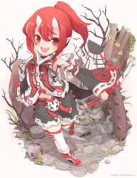 Rule 34 | 1girl, bottle, detached sleeves, horns, isegawa yasutaka, katana, long sleeves, looking at viewer, majoca majoluna, oni horns, open mouth, original, pointy ears, ponytail, red eyes, red footwear, red hair, shirt, shoes, skirt, smile, solo, sword, thighhighs, tree stump, weapon, white thighhighs, wide sleeves, zettai ryouiki