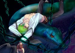 Rule 34 | 1boy, abs, arc system works, arched back, blazblue, chain, fedora, fingerless gloves, gloves, green hair, hat, hazama, leaning back, looking at viewer, lying, male focus, muscular, nipples, nizimu, on back, open clothes, open shirt, shirt, short hair, smile, snake, solo, yellow eyes