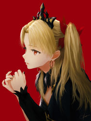 Rule 34 | 1girl, artist name, black nails, blonde hair, bow, commentary, earrings, ereshkigal (fate), fate/grand order, fate (series), from side, fur trim, hair bow, hands up, highres, jewelry, lips, long hair, long sleeves, nail polish, ojay tkym, one side up, parted bangs, parted hair, parted lips, red background, red bow, red eyes, signature, single sleeve, solo, tiara, upper body