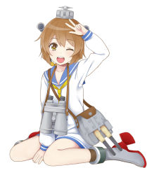 Rule 34 | 10s, 1girl, bad id, bad pixiv id, binoculars, blush, brown eyes, brown hair, dress, hair ornament, highres, kantai collection, looking at viewer, nnyu, one eye closed, open mouth, personification, sailor dress, short hair, sitting, smile, solo, v, yukikaze (kancolle)