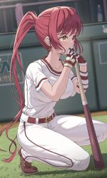 Rule 34 | 1girl, absurdres, baseball bat, baseball uniform, belt, blush, breasts, collarbone, commentary, day, earrings, finger to mouth, from side, full body, gloves, grass, hands up, heterochromia, highres, holding, holding baseball bat, hololive, houshou marine, huge filesize, jewelry, large breasts, light particles, long hair, on one knee, outdoors, pants, ponytail, red belt, red eyes, red footwear, red gloves, red hair, shirt, shoes, short sleeves, sidelocks, solo, sportswear, very long hair, virtual youtuber, white pants, white shirt, yellow eyes, yozora (1wkdgusdn)
