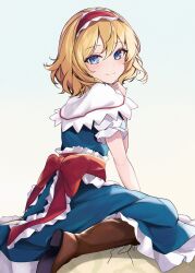 Rule 34 | 1girl, absurdres, alice margatroid, blonde hair, blue dress, blue eyes, boots, brown footwear, capelet, colored shoe soles, dress, frilled capelet, frilled dress, frilled sash, frills, hairband, happy, highres, lolita hairband, looking at viewer, looking back, medium hair, orchid (orukido), puffy short sleeves, puffy sleeves, red hairband, red sash, sash, short sleeves, sitting, solo, touhou, white capelet