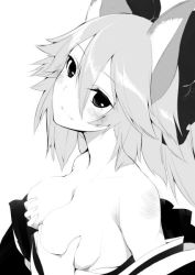 Rule 34 | 1girl, animal ears, bare shoulders, breasts, cleavage, fate (series), fox ears, greyscale, hair ornament, japanese clothes, kimono, long hair, medium breasts, monochrome, nejime, off shoulder, grabbing own breast, solo, tamamo (fate), tamamo no mae (fate/extra), white background