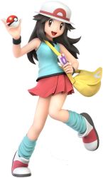 Rule 34 | 1girl, bag, blue shirt, brown hair, creatures (company), game freak, green (pokemon), hat, highres, leg warmers, long hair, looking at viewer, nintendo, open mouth, poke ball, pokemon, pokemon frlg, shell, shirt, shoes, skirt, sleeveless, smile, sneakers, solo, super smash bros., tank top, third-party edit, transparent background