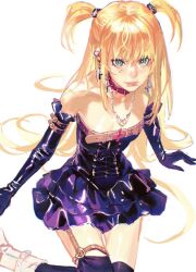 Rule 34 | 1girl, 637 00e seran, amane misa, arm belt, arm support, arms at sides, bare shoulders, blonde hair, boots, breasts, chain, chain necklace, collar, commentary, cross, cross-laced clothes, cross-laced dress, cross earrings, death note, dress, earrings, elbow gloves, from above, garter straps, glint, gloves, green eyes, highres, inverted cross, jewelry, labret piercing, long hair, looking at viewer, multiple earrings, necklace, piercing, pleated dress, purple dress, purple gloves, purple thighhighs, shiny clothes, short dress, sitting, small breasts, solo, spiked collar, spikes, strapless, strapless dress, thigh gap, thighhighs, two side up, very long hair, white footwear