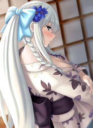 1girl blue_bow blue_eyes bow braid breasts chuppa_(katotsuba) cleavage fate/grand_order fate_(series) flower grey_hair hair_bow hair_flower hair_ornament japanese_clothes kimono large_breasts long_hair long_sleeves looking_at_viewer morgan_le_fay_(fate) morgan_le_fay_(fgo_fes._2023)_(fate) ponytail sash sidelocks thighs very_long_hair white_kimono wide_sleeves