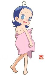 Rule 34 | 1girl, ahoge, back, blue eyes, blue hair, blush, c1 (70904919), forehead, highres, naked towel, ojamajo doremi, senoo aiko, short hair, simple background, towel, white background